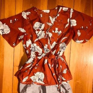 Floral Rust Colored Blouse, Front Ruffle, Tie